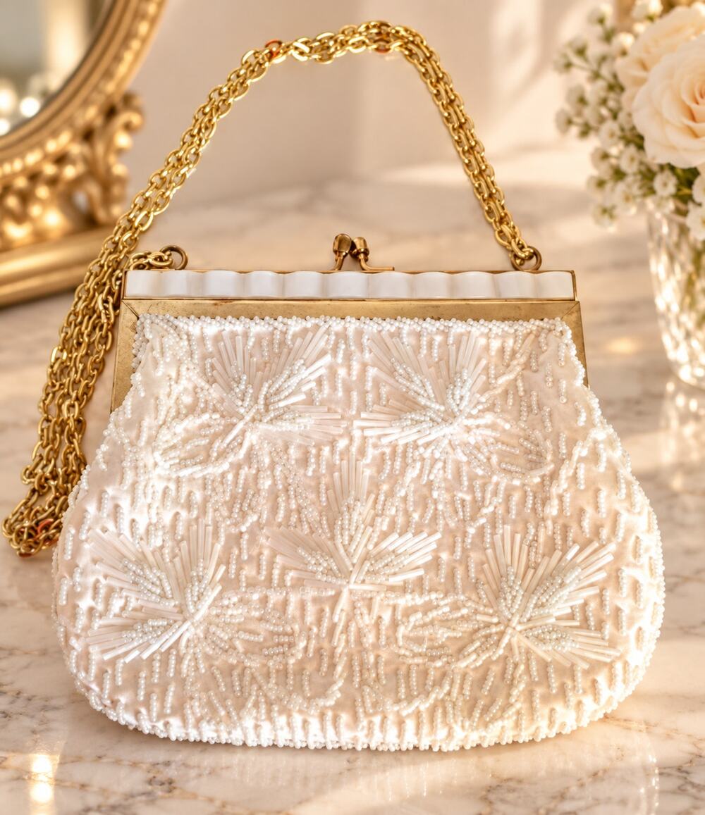 Vintage Hand Beaded Ivory Evening Bag Clutch Purse Hong Kong MOP Frame